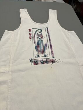WEK Woman Cat Art Sundress Large White Sleeveless Pockets Cotton USA Midi